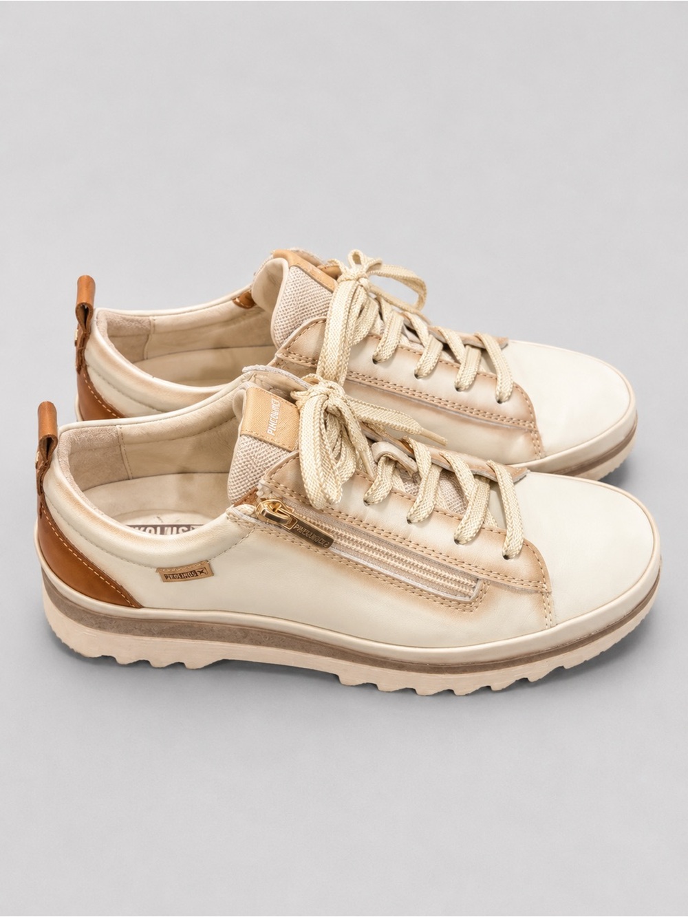 PIKOLINOS Women's Beige and Tan Leather Zip-Detail Sneakers —- WORN ONE TIME - Picture 2 of 3